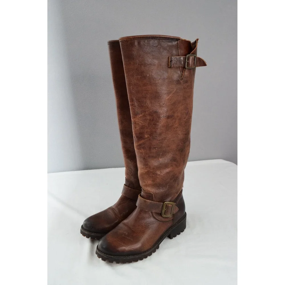 Freebird Leather Knee High Boots 6 Battle Brown Riding Motorcycle Buckle Zip